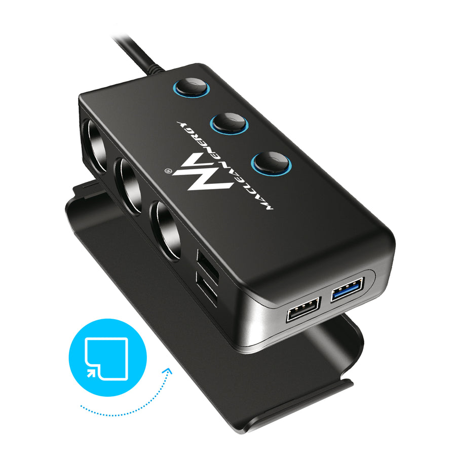 Sigarettenaansteker-matsplitser, voltmeter, 3 sigarettenaansteker-aansluitingen, 1xQuick Charge 3.0, 3xUSB 6.8A, 1x Power Delivery 18W, Maclean MCE218, Max 120W