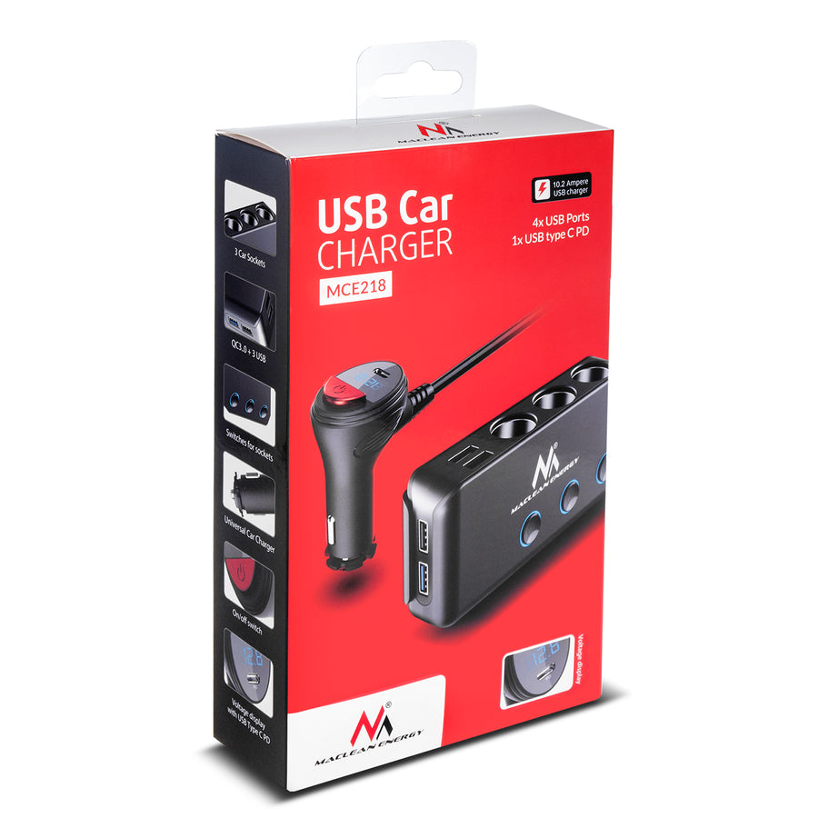 Sigarettenaansteker-matsplitser, voltmeter, 3 sigarettenaansteker-aansluitingen, 1xQuick Charge 3.0, 3xUSB 6.8A, 1x Power Delivery 18W, Maclean MCE218, Max 120W