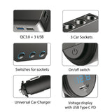 Sigarettenaansteker-matsplitser, voltmeter, 3 sigarettenaansteker-aansluitingen, 1xQuick Charge 3.0, 3xUSB 6.8A, 1x Power Delivery 18W, Maclean MCE218, Max 120W