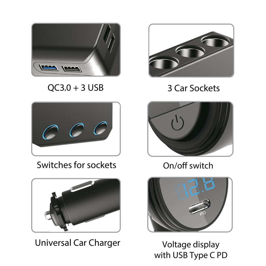 Sigarettenaansteker-matsplitser, voltmeter, 3 sigarettenaansteker-aansluitingen, 1xQuick Charge 3.0, 3xUSB 6.8A, 1x Power Delivery 18W, Maclean MCE218, Max 120W