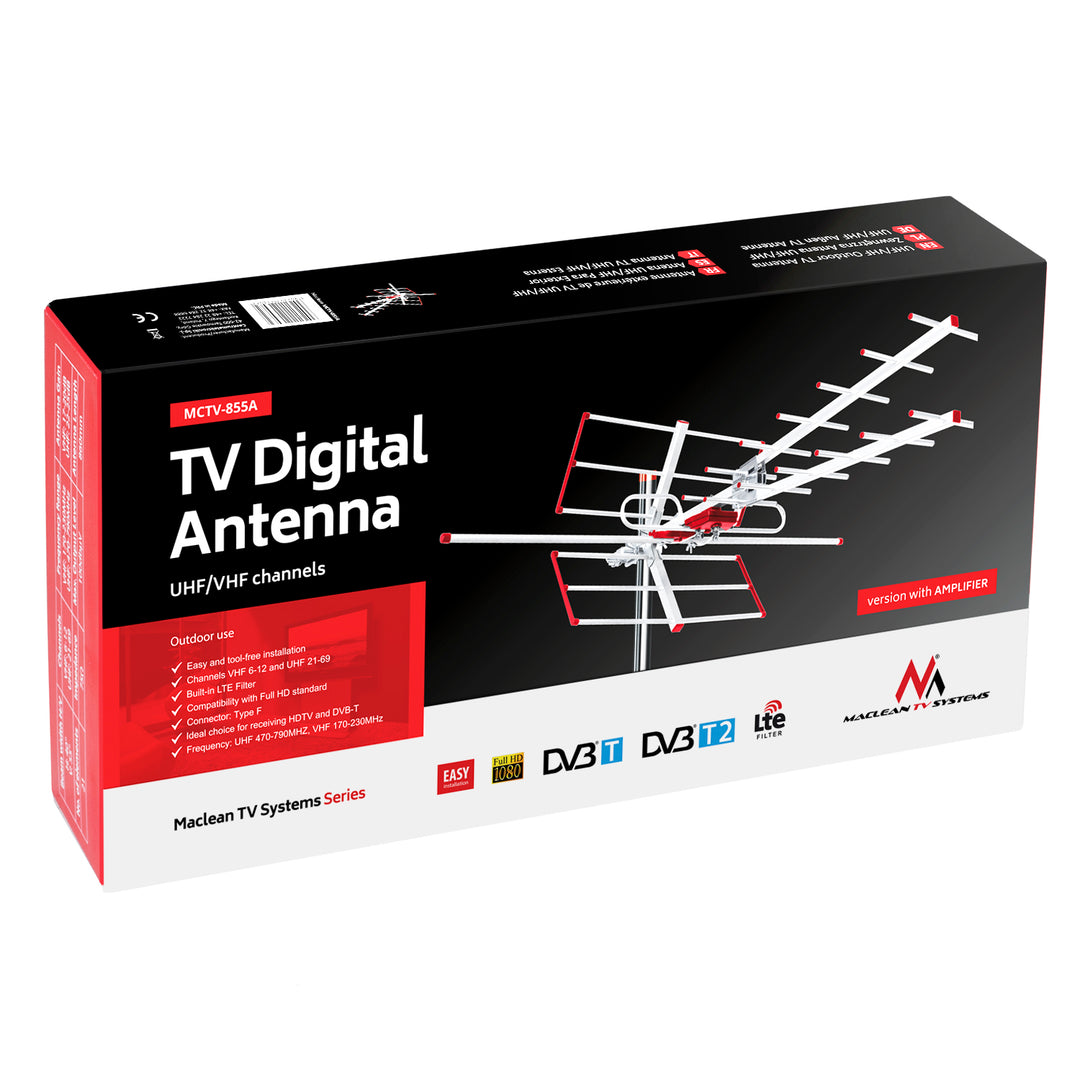 Antenne externe TV active DVB-T2 HEVC max 100dBμV Maclean MCTV-855 filtre Lte