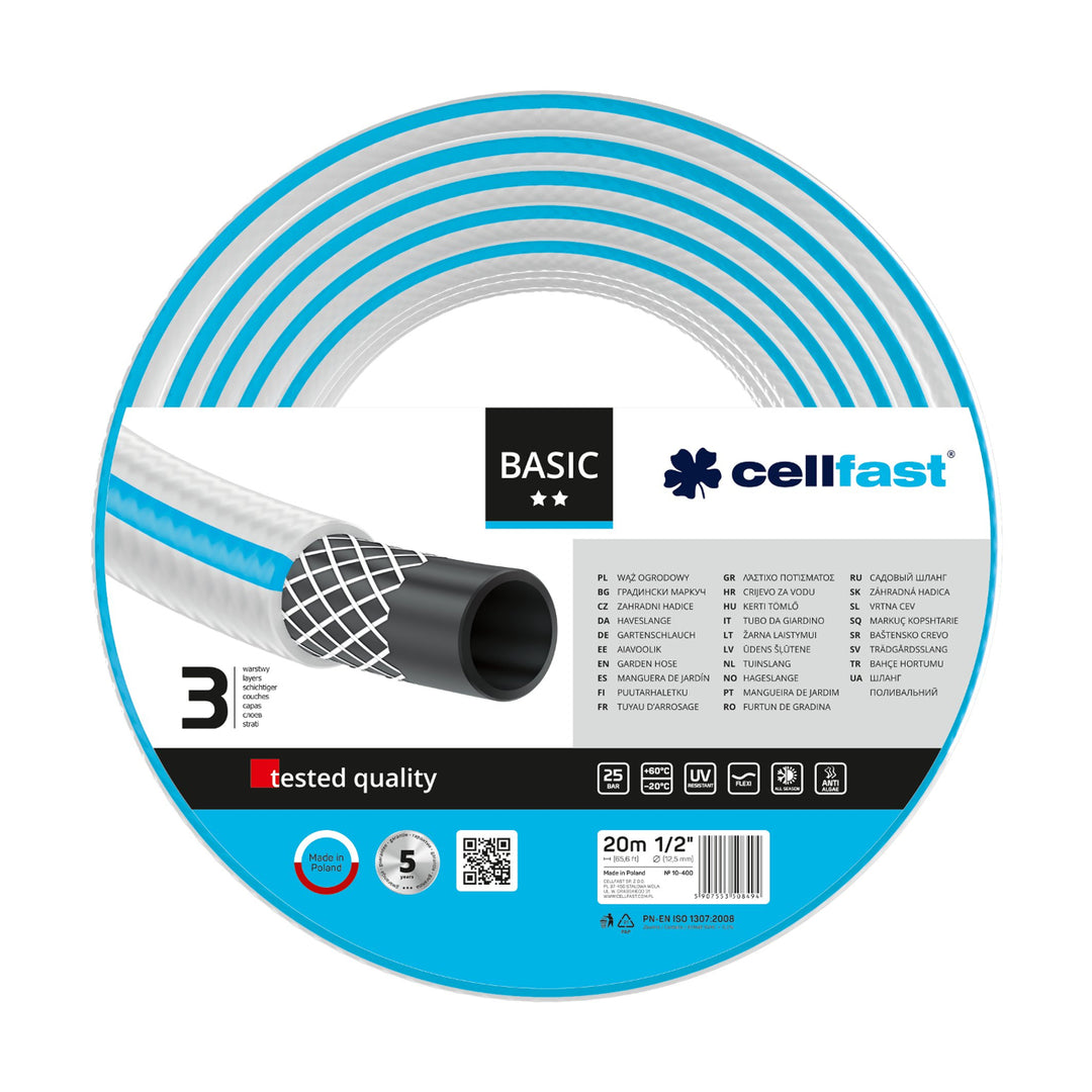 Duurzame 3-lagige tuinslang Cellfast Basic 1/2" 20m