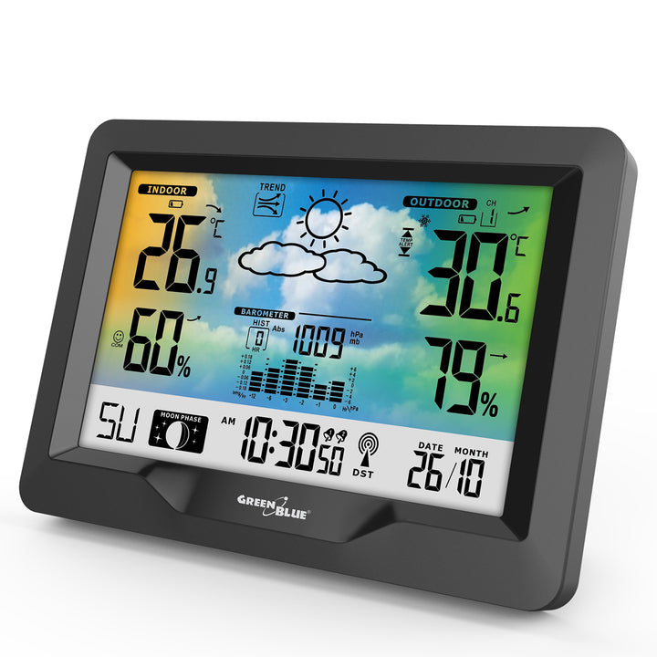 Écran couleur de la station météo GreenBlue GB540, système DCF de température intérieure et extérieure, phases de lune, baromètre, calendrier