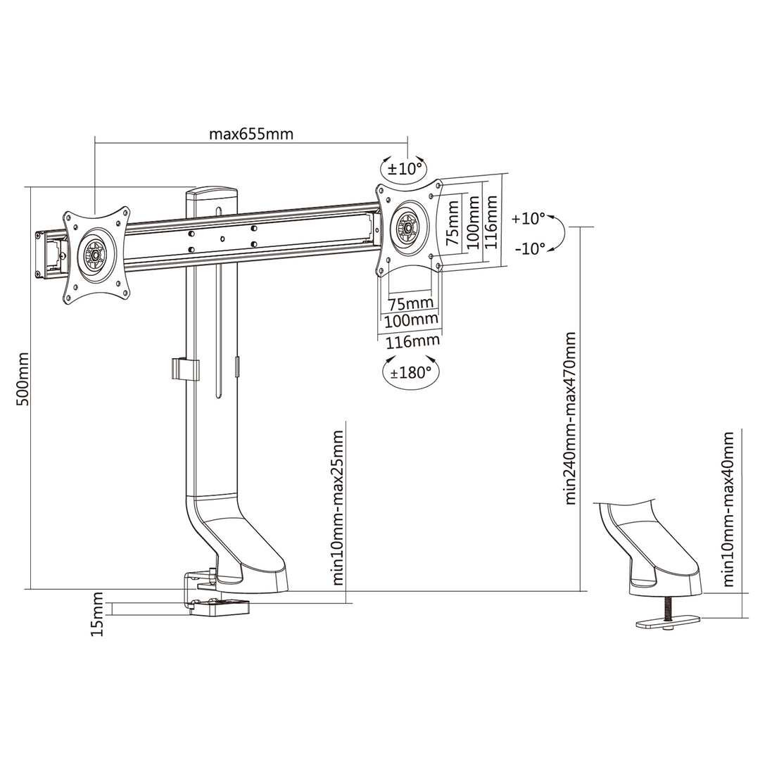 Houder voor twee monitoren / dubbele 17 "-27" 14kg Maclean MC-854 VESA 75x75 100x100 past op MC-848 en MC-849