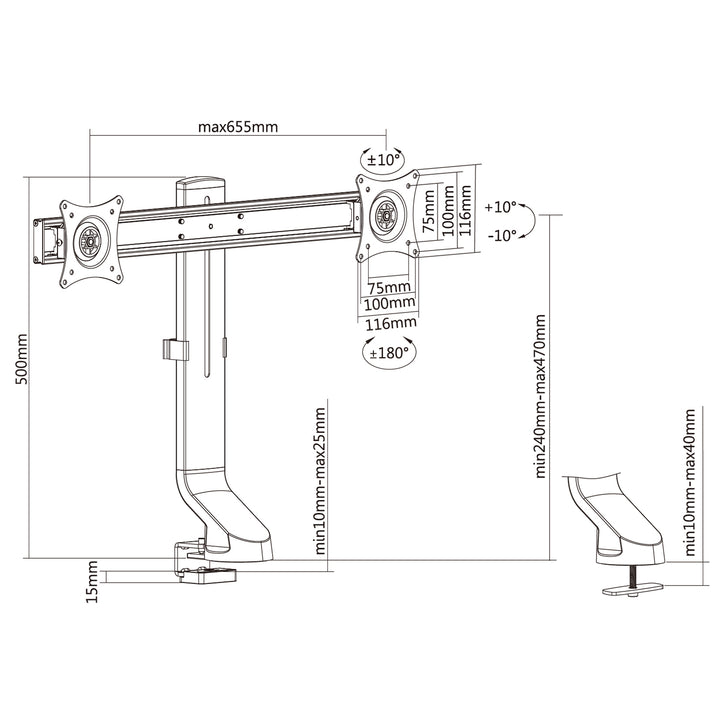 Support pour deux moniteurs / double 17"-27" 14kg Maclean MC-854 VESA 75x75 100x100 pour MC-848 et MC-849