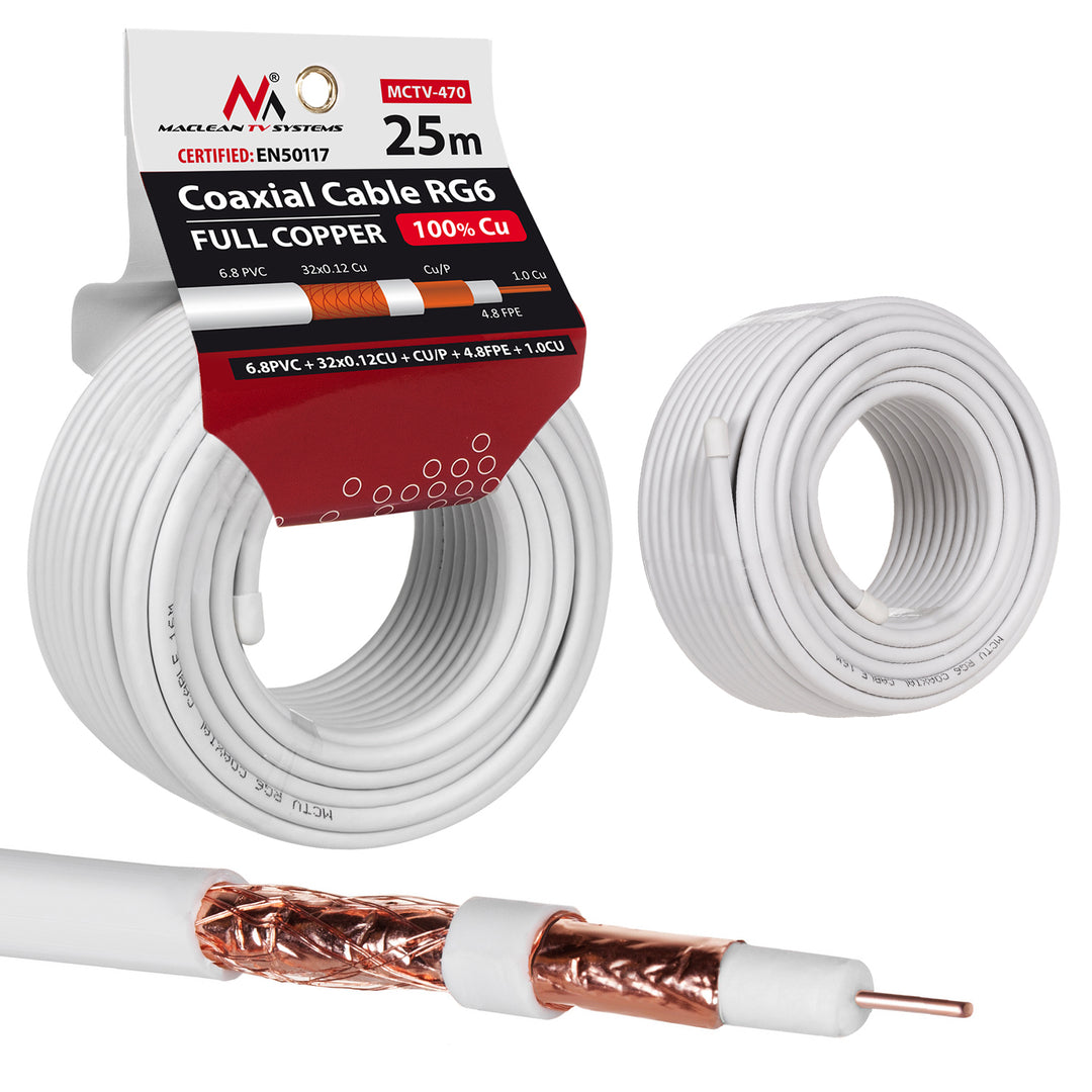 Antennekabel coaxkabel RG6 Zuiver koper 25m Maclean MCTV-470