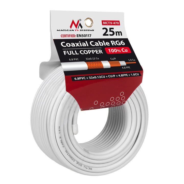 Antennekabel coaxkabel RG6 Zuiver koper 25m Maclean MCTV-470