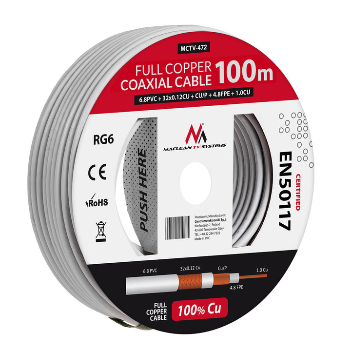 Antennekabel coaxkabel RG6 Pure Copper 100m Maclean MCTV-472 SAT