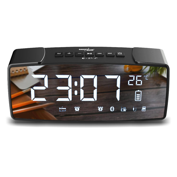 Bluetooth 4.2 klokradio, FM, aux-in, 6W, temperatuur, alarm, klok, 2200 mAh GreenBlue GB200