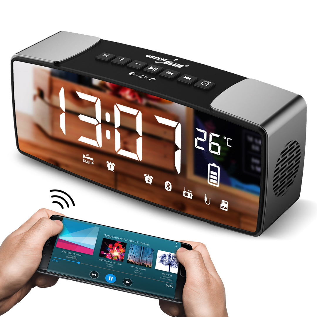 Radio-réveil Bluetooth 4.2, FM, entrée auxiliaire, 6W, température, alarme, horloge, 2200 mAh GreenBlue GB200