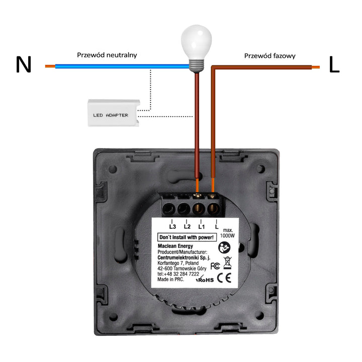 Interrupteur tactile en verre trempé avec un bouton carré lumineux à LED Maclean Energy MCE701W