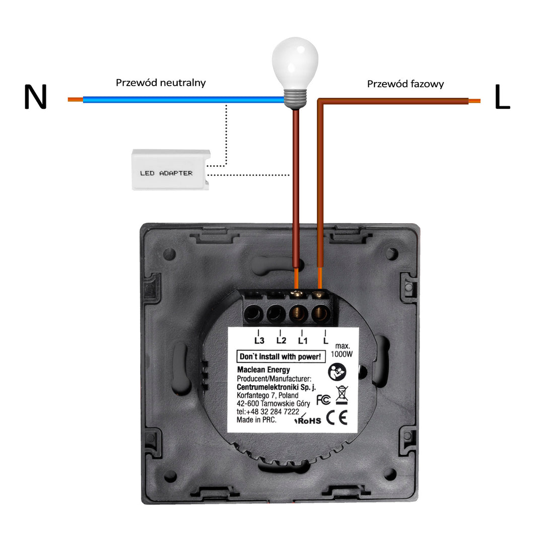 Interrupteur tactile en verre trempé avec un bouton carré lumineux à LED Maclean Energy MCE701B