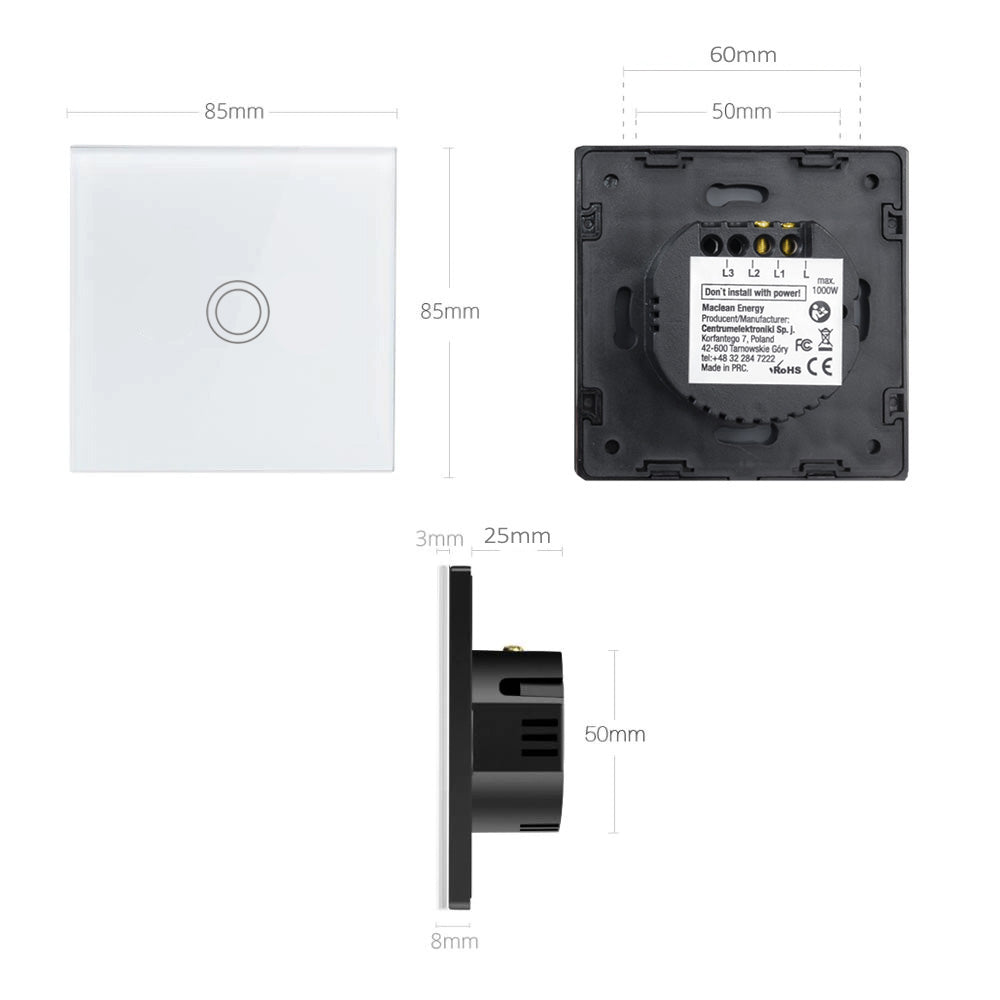 Aanraaklichtschakelaar van gehard glas met één ronde LED-verlichte knop Maclean Energy MCE702W