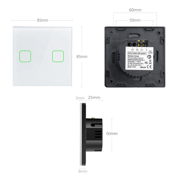 Aanraaklichtschakelaar van gehard glas met twee vierkante LED-verlichte knoppen Maclean Energy MCE703W