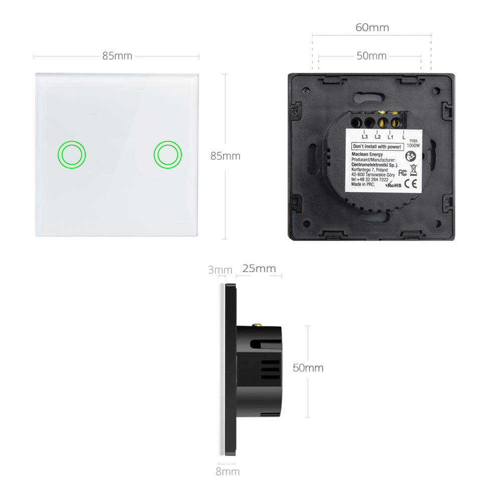 Aanraaklichtschakelaar van gehard glas met twee ronde LED-verlichte knoppen Maclean Energy MCE704W