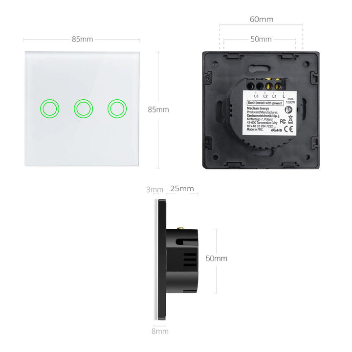 Aanraaklichtschakelaar van gehard glas met drie ronde LED-verlichte knoppen Maclean Energy MCE705W