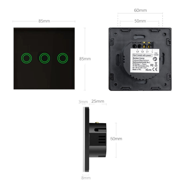 Aanraaklichtschakelaar van gehard glas met drie ronde LED-verlichte knoppen Maclean Energy MCE705B