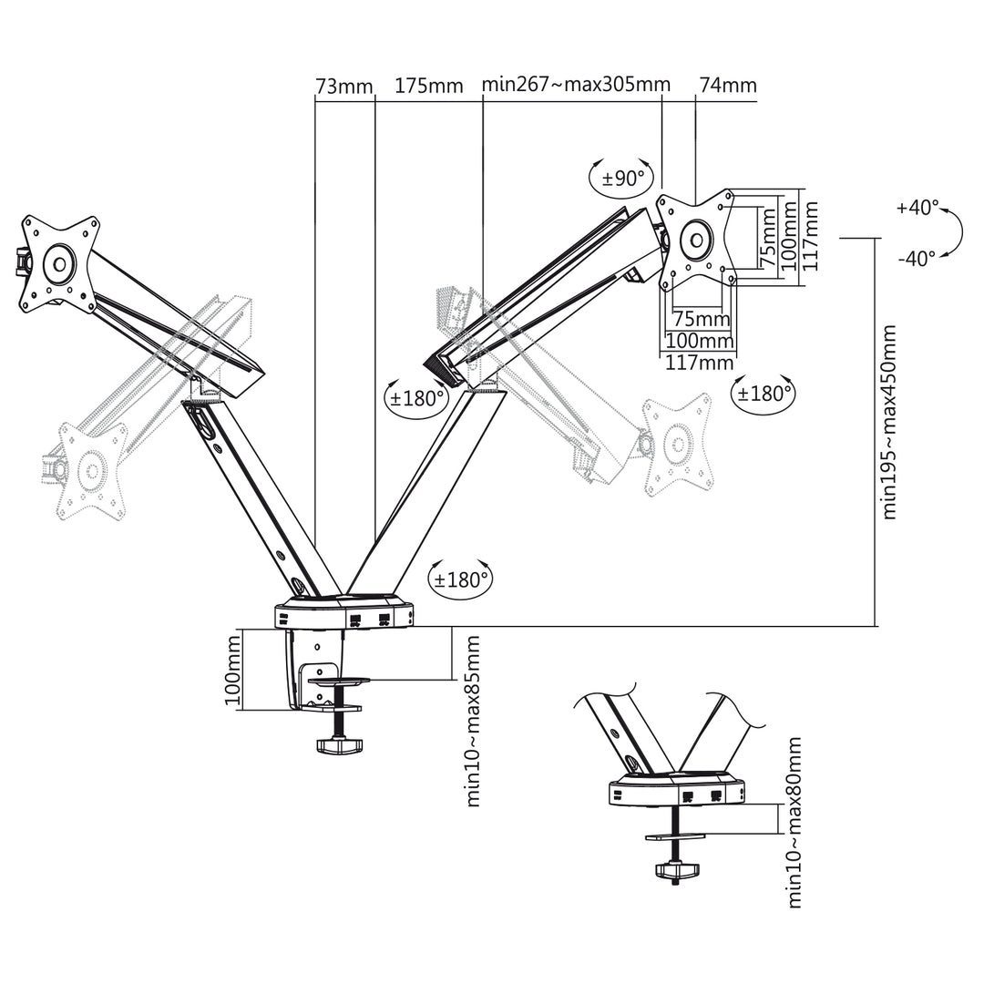 Support pour moniteur de jeu double RS887 - mouvement complet, éclairage LED et nombreuses connexions PC