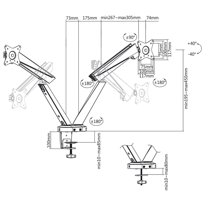 Support pour moniteur de jeu double RS887 - mouvement complet, éclairage LED et nombreuses connexions PC