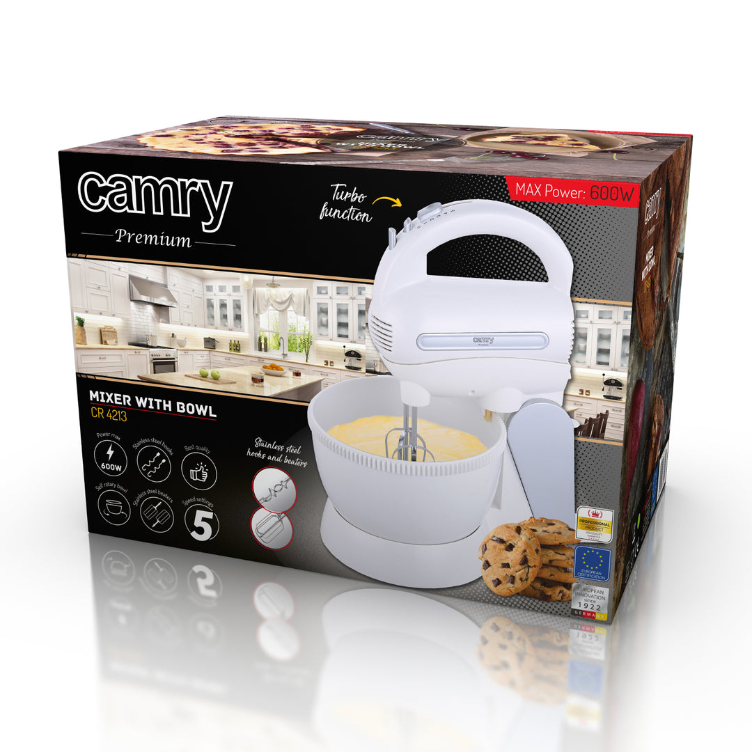 Camry CR 4213 Handmixer met mengkom, 600 W, 5 snelheden turbo, roerstandaard met kneedhaak en roerhaak van roestvrij staal in set, elektrische handmixer, roermachine