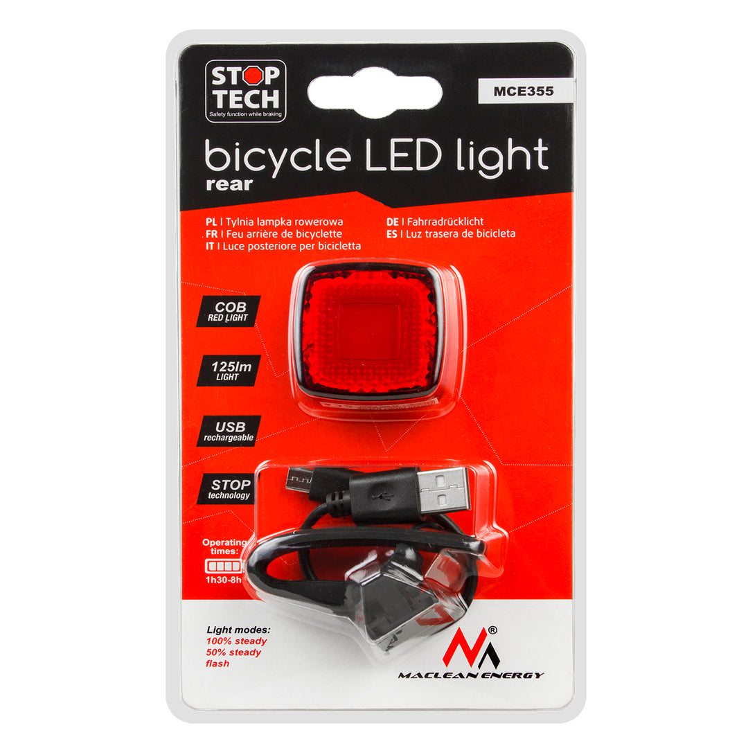 Maclean - MCE355 - Feu arrière de vélo LED - 3 modes d'éclairage : SMART, 100% fixe, Flash - Haute luminosité : 125 lumens - 37x37x16mm