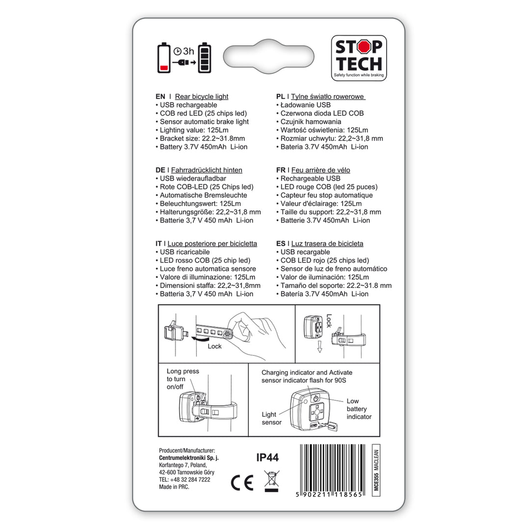 Maclean - MCE355 - Feu arrière de vélo LED - 3 modes d'éclairage : SMART, 100% fixe, Flash - Haute luminosité : 125 lumens - 37x37x16mm