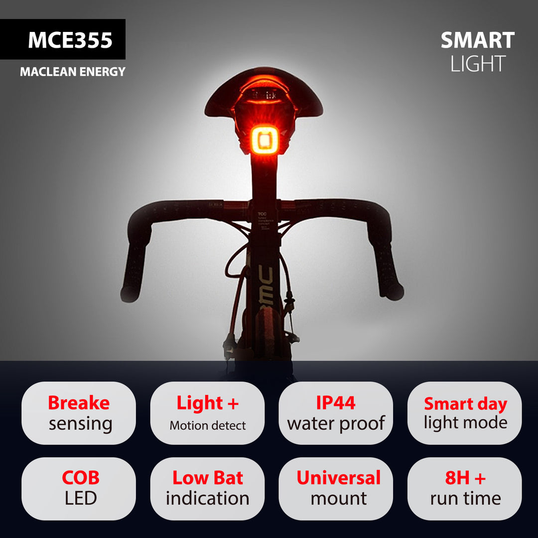 Maclean - MCE355 - Feu arrière de vélo LED - 3 modes d'éclairage : SMART, 100% fixe, Flash - Haute luminosité : 125 lumens - 37x37x16mm