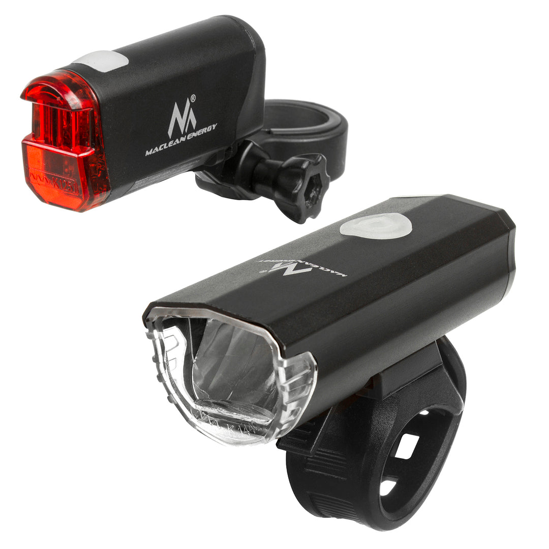 Fietsverlichting LED voorkant + achterkant Maclean Energy MCE312, voorkant heeft 2 verlichtingsmodi en de ingebouwde accu 1500mAh - achterkant 2xAAA met DE (StVZO) certificaat