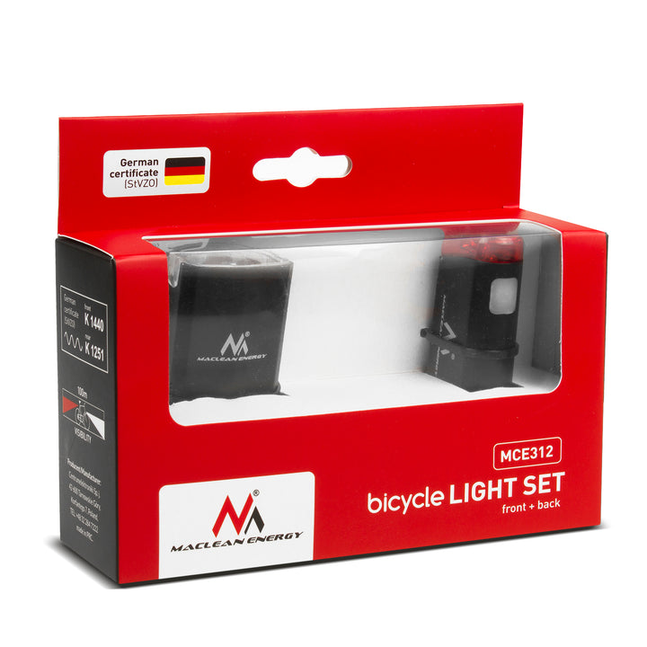 Feux de vélo LED avant + arrière Maclean Energy MCE312, avant avec 2 modes d'éclairage et batterie intégrée 1500mAh - arrière 2xAAA avec certificat DE (StVZO)