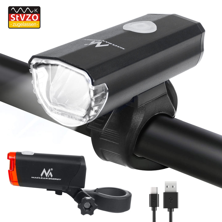 Feux de vélo LED avant + arrière Maclean Energy MCE312, avant avec 2 modes d'éclairage et batterie intégrée 1500mAh - arrière 2xAAA avec certificat DE (StVZO)