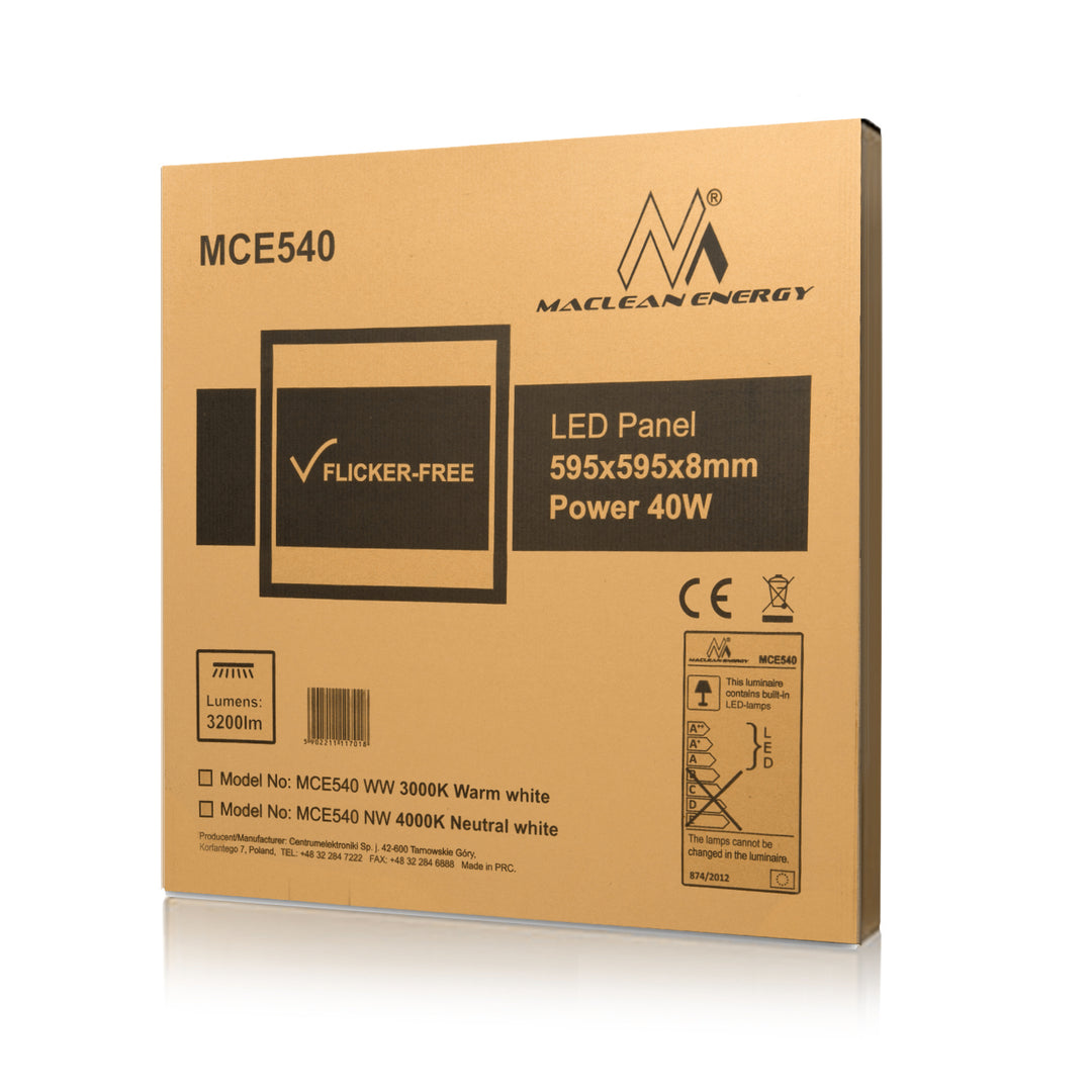 LED plafondpaneel slank 40W, 3200lm neutraal wit (4000K) Maclean Energy MCE540 NW 595x595x8mm raster, FLICKER-FREE functie