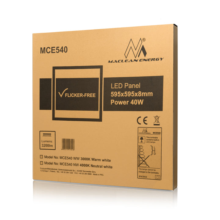 LED plafondpaneel slank 40W, 3200lm neutraal wit (4000K) Maclean Energy MCE540 NW 595x595x8mm raster, FLICKER-FREE functie