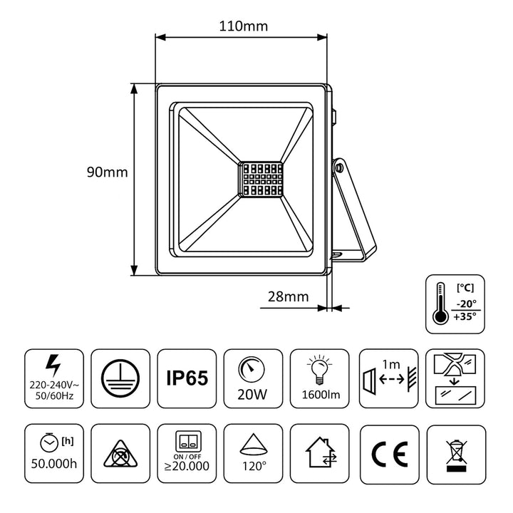 Projecteur LED slim 20W, 1600lm blanc chaud (3000K) Maclean Energy MCE520 WW, IP65, PREMIUM