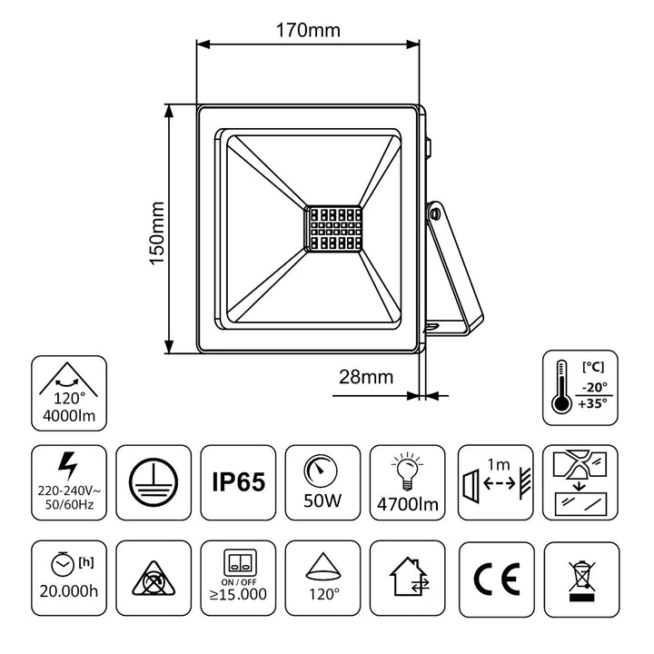 LED slanke 50W schijnwerper, 4000lm warm wit (3000K) Maclean Energy MCE550 WW, IP65, PREMIUM