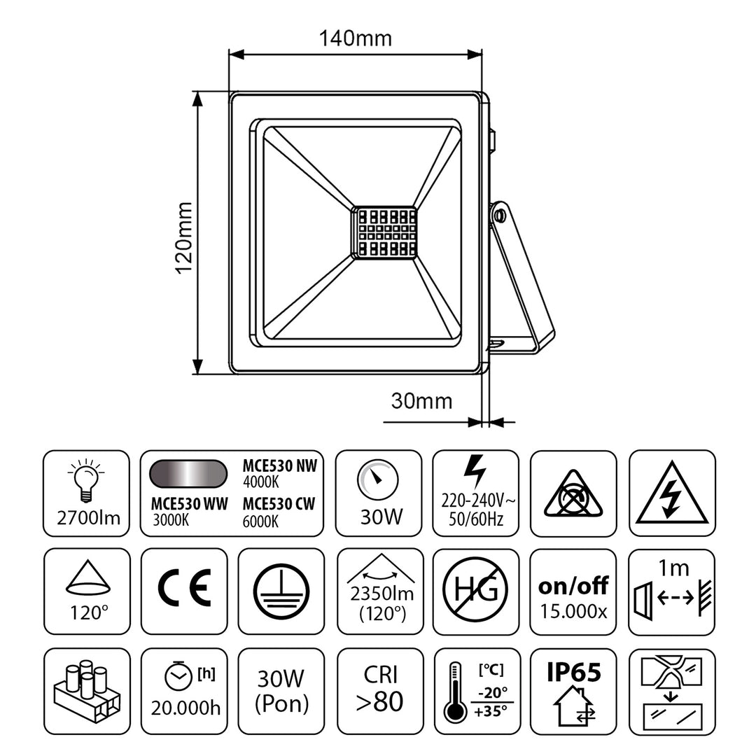 LED slanke 30W schijnwerper, 2400lm koud wit (6000K) Maclean Energy MCE530 CW, IP65, PREMIUM