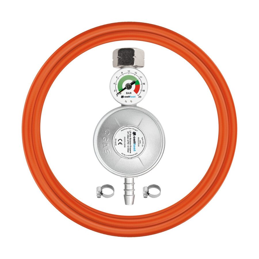Cellfast 52-506 Propaan-butaan aansluitset met manometer, slang 2 x band KIT 2m Complete set voor gasfornuizen, kookplaten, ovens, barbecue en andere gasapparaten 37 mbar