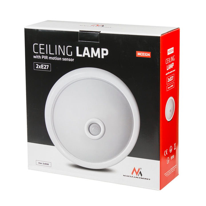 Plafonnier avec capteur de mouvement et crépusculaire PIR et source lumineuse remplaçable 2x max 40W avec culot de lampe E27, 220-240V ~ 50 / 60Hz MCE324