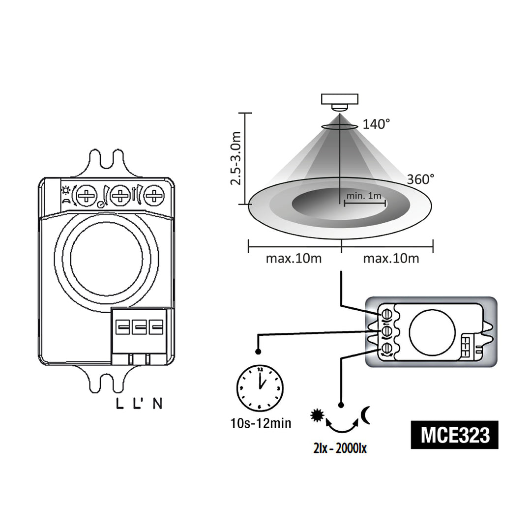 Capteur de mouvement à micro-ondes Maclean Energy MCE323 avec niveau d'intensité lumineuse, durée d'éclairage et sensibilité/plage de fonctionnement réglables