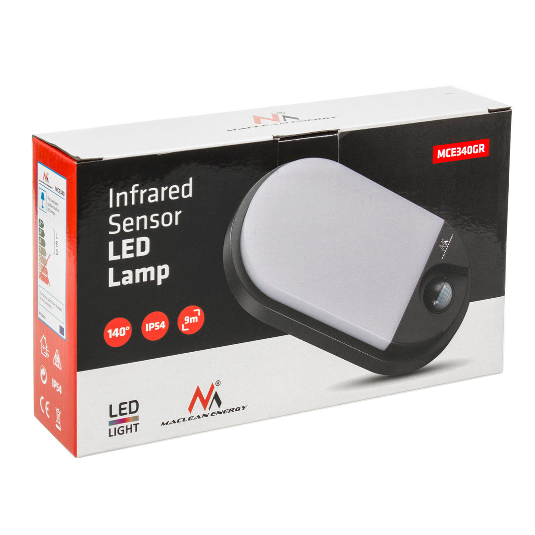 Lampe LED Maclean MCE340 GR avec détecteur de mouvement infrarouge - 1100lm - 15W - IP54 - gris