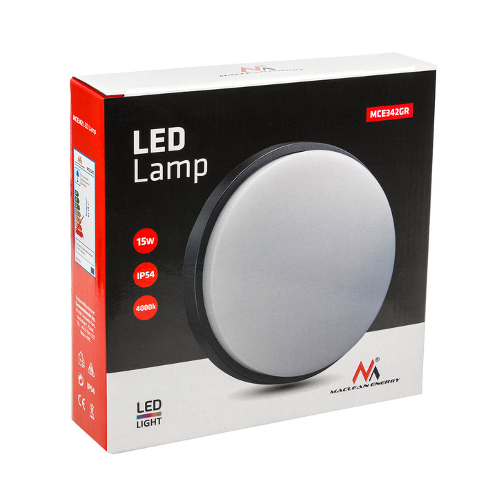 Maclean MCE342 GR LED wand- en plafondlamp - 1100lm  - 15W  - IP54  - grijs, natuurlijke witte kleur (4000K)