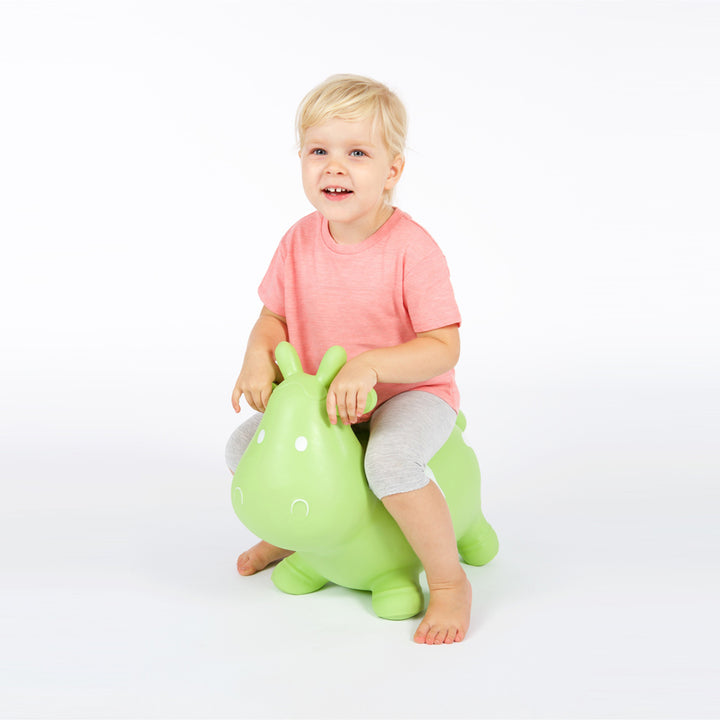 Hoppimals Rubber Jumping Animal Green Cow + pompe - un plaisir de saut énorme et unique