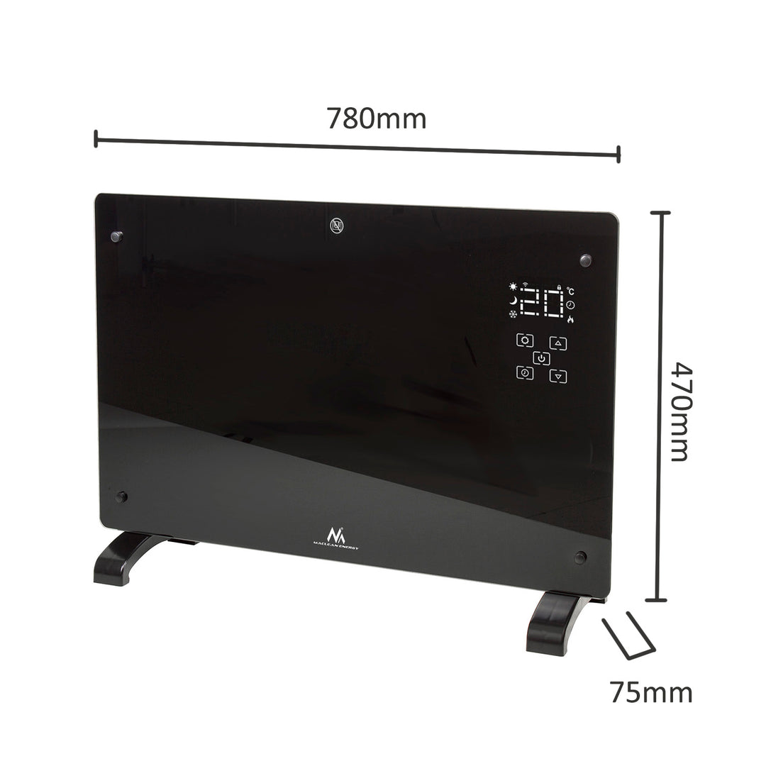 Maclean MCE502 Convecteur électrique en verre 2000 W Chauffage mural en verre avec contrôle WiFi Smart-Life-App Chauffage convecteur en verre Radiateur Écran tactile