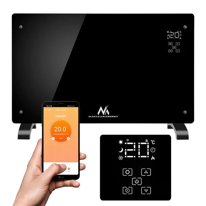 Maclean MCE502 Convecteur électrique en verre 2000 W Chauffage mural en verre avec contrôle WiFi Smart-Life-App Chauffage convecteur en verre Radiateur Écran tactile