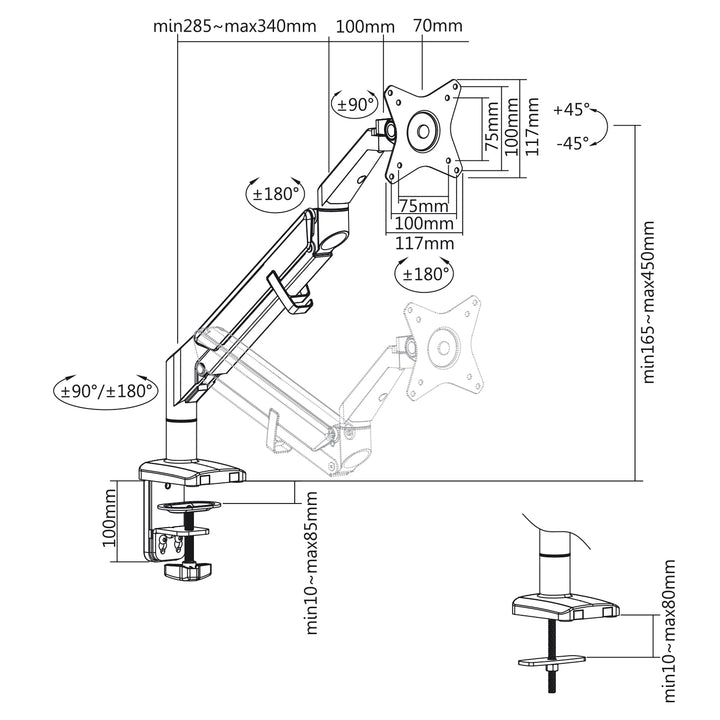 Ergo Office - Monitorbeugel met gasveer Tafelbeuge - Draaien 13"-32" tot 9kg VESA 75x75 100x100 (Grijs)