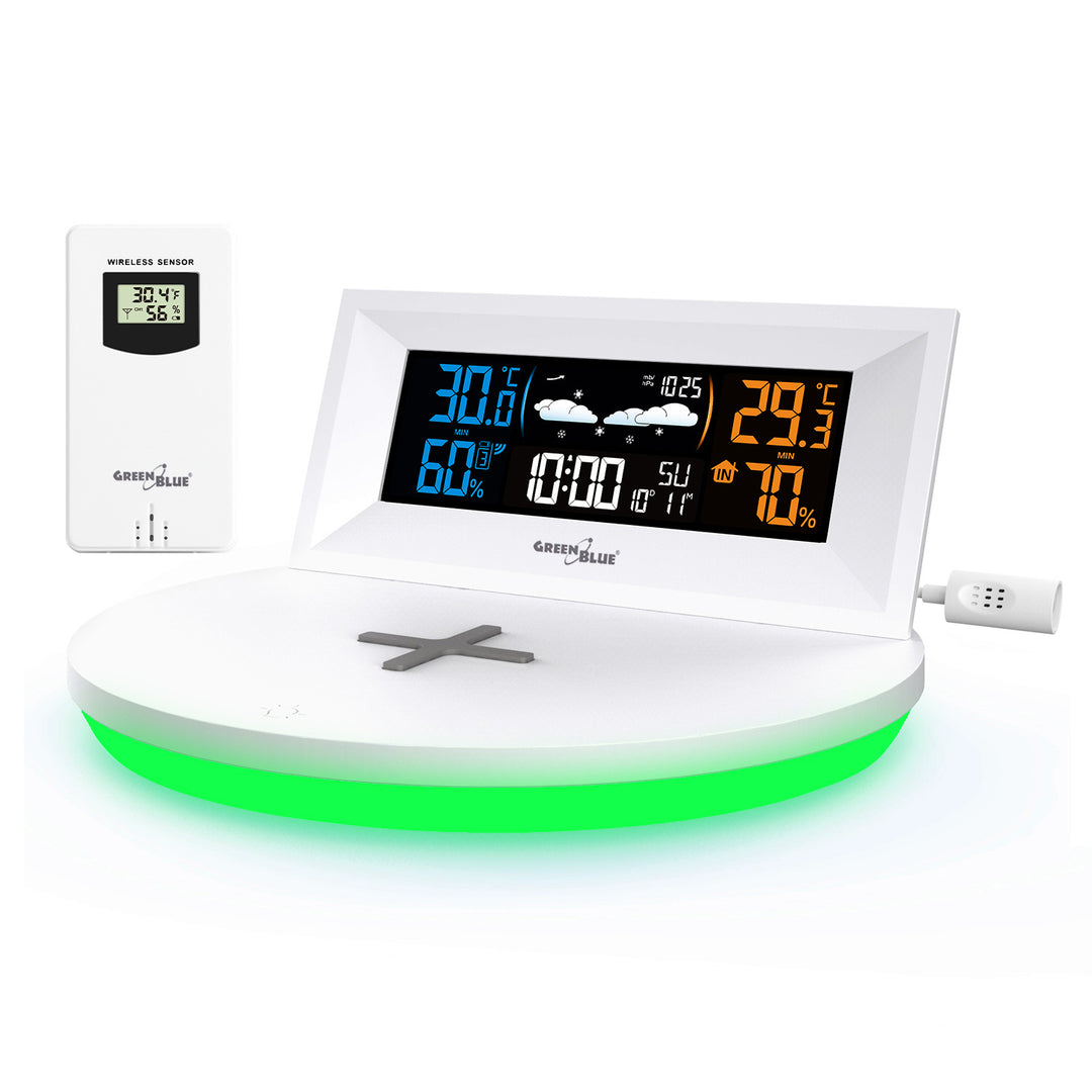 GreenBlue - Station météo sans fil avec chargeur Qi sans fil | Base de lumière d'ambiance - Thermomètre intérieur et extérieur à capteur externe - Blanc