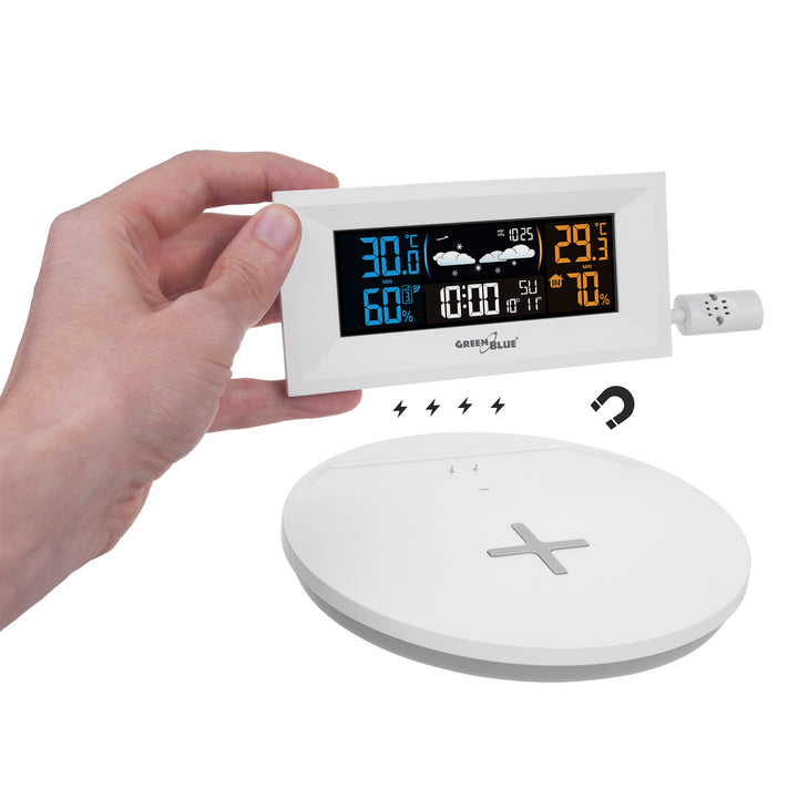 GreenBlue - Station météo sans fil avec chargeur Qi sans fil | Base de lumière d'ambiance - Thermomètre intérieur et extérieur à capteur externe - Blanc