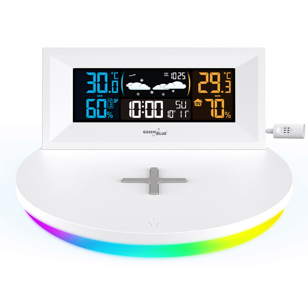 GreenBlue - Station météo sans fil avec chargeur Qi sans fil | Base de lumière d'ambiance - Thermomètre intérieur et extérieur à capteur externe - Blanc