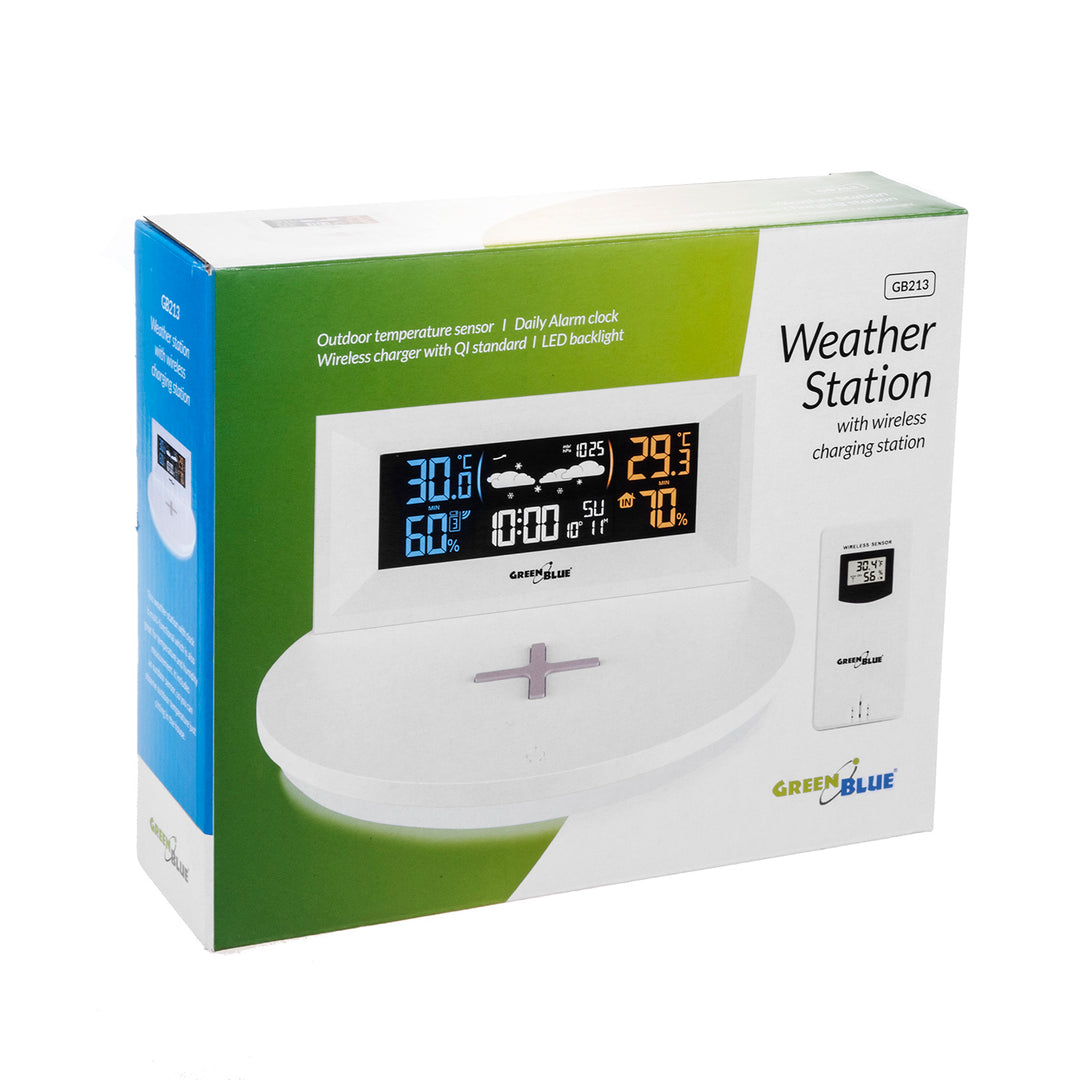 GreenBlue - Station météo sans fil avec chargeur Qi sans fil | Base de lumière d'ambiance - Thermomètre intérieur et extérieur à capteur externe - Blanc