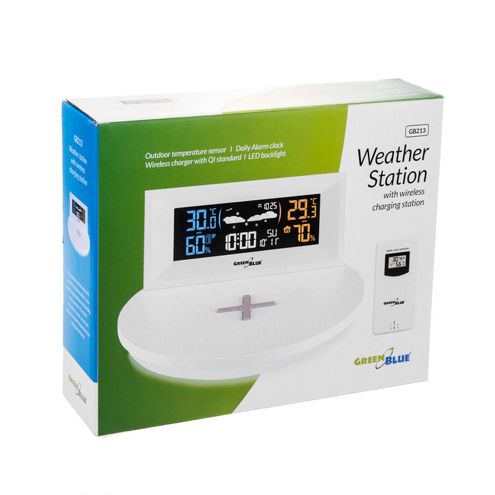 GreenBlue - Station météo sans fil avec chargeur Qi sans fil | Base de lumière d'ambiance - Thermomètre intérieur et extérieur à capteur externe - Blanc