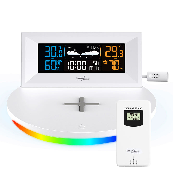 GreenBlue - Station météo sans fil avec chargeur Qi sans fil | Base de lumière d'ambiance - Thermomètre intérieur et extérieur à capteur externe - Blanc